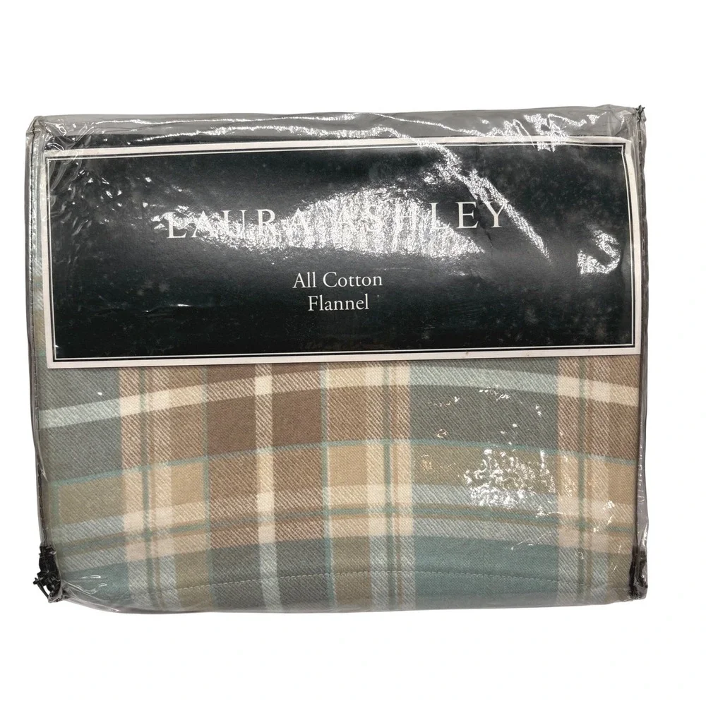 Laura Ashley Full Sheet Set Flannel Blue Brown Plaid 4 Piece New
